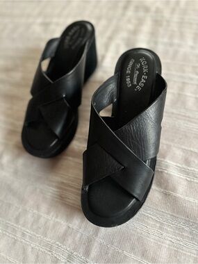KORK-EASE Baja Sport Black Leather Crisscross Platform Wedge Sandals | 10